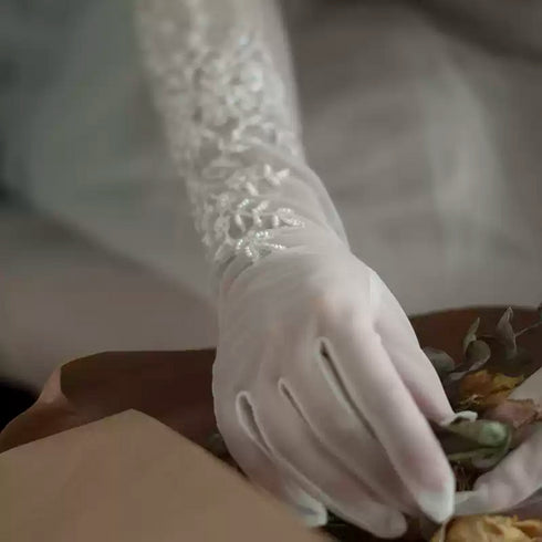 White Bridal Lace Gloves – Intricate Embroidered Long Wedding Gloves